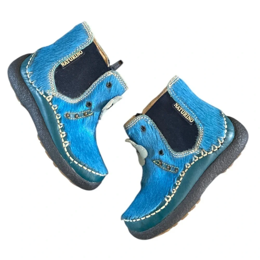 Naturino Toddler Boots Blue Pony Hair Leather Flower Appliqué Sky Blue